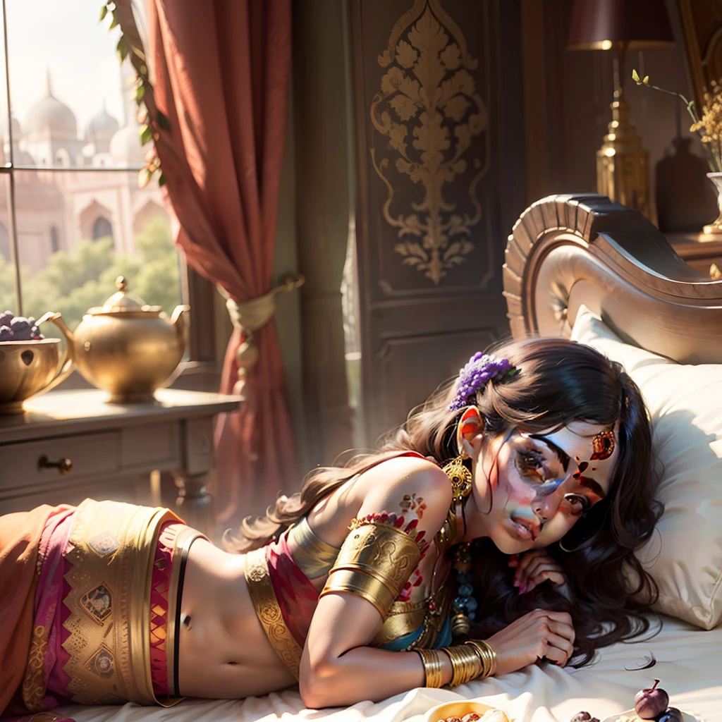 A beautiful Indian princess, lying on an Indian bed, next to her is a golden bowl of grapes, the background is an Indian-style room --auto --s2
