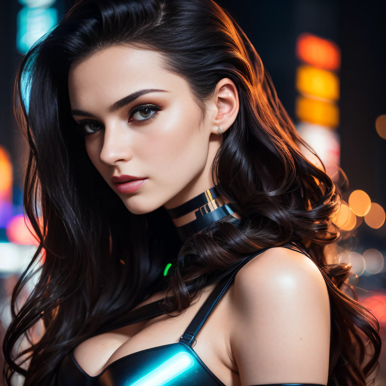 amoled ultra realistic photograph of a 25 years old european girl, RAW, beautiful woman, (extra long wavy black hair), ((portrait)), ((detailed face:1.2)), ((detailed facial features)), (finely detailed skin), pale skin, (high detailed deep cleavage cyberpunk steel dress), black background, (cold colors), damp, moist, reflections, (masterpiece) (perfect proportion)(realistic photo),(best quality), (detailed), (amoled neon lighting), (sharp focus) (intricate)