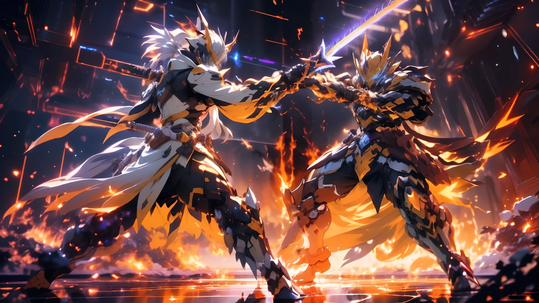 two anime characters fighting in a dark room with flames, from arknights, badass anime 8 k, guilty gear strive splash art, anime fight, arknights, sword fight, anime epic artwork, guilty gear strive graphics, epic anime style, epic 8 k hd anime shot, dual wielding swords, detailed digital anime art, epic battle scene, sword clashing