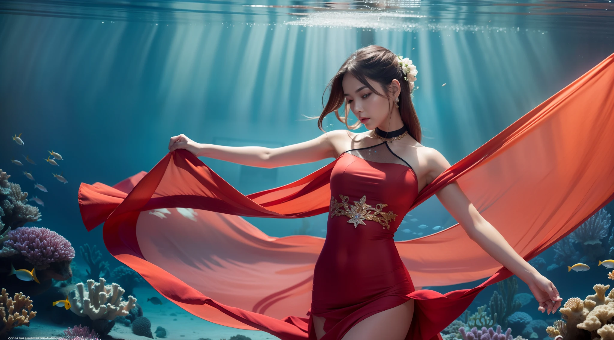 partial underwater shot,Ancient Chinese transparent silk dress,Fluttering texture,Women dancing femalely,best qualityer,16k high resolution wallpaper,Cinematic lighting,The face is perfectly depicted