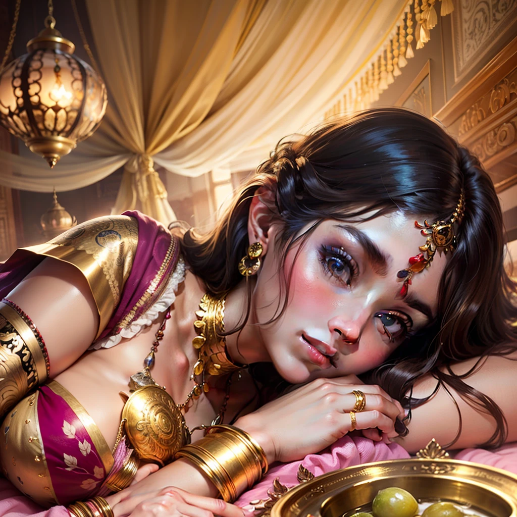 A beautiful Indian princess, lying on an Indian bed, next to her is a golden bowl of grapes, the background is an Indian-style room --auto --s2