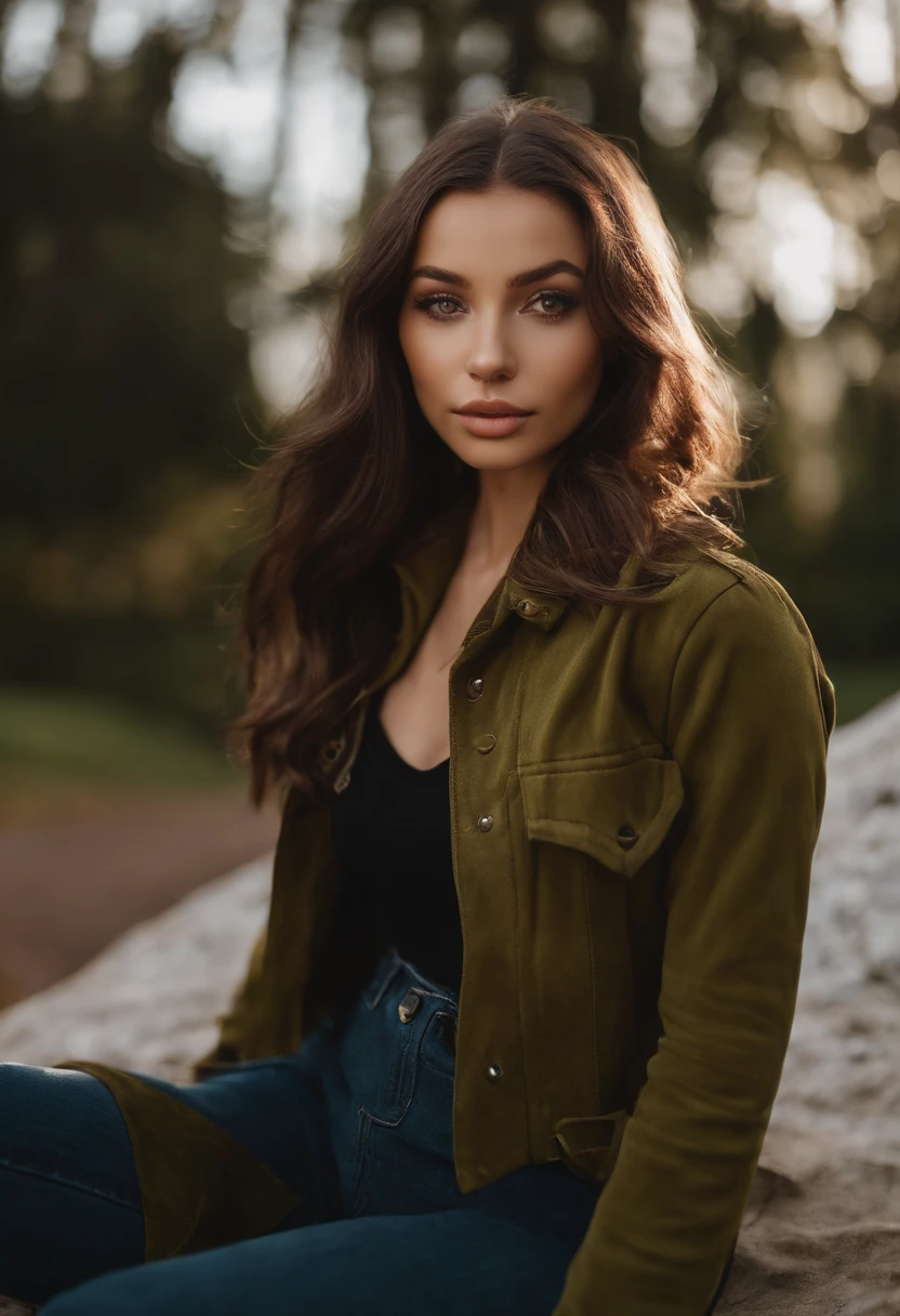 arafed woman with a white tank top and a necklace, sexy girl with green eyes, portrait sophie mudd, brown hair and large eyes, selfie of a young woman, bedroom eyes, violet myers, without makeup, natural makeup, looking directly at the camera, face with artgram, subtle makeup, stunning full body shot, piercing green eyes, beautiful angle, attractive pose, cute girl, sexy pose, full body picture, full body, full body shoot, brunette goddess, high detail, satisfied pose, leather pants