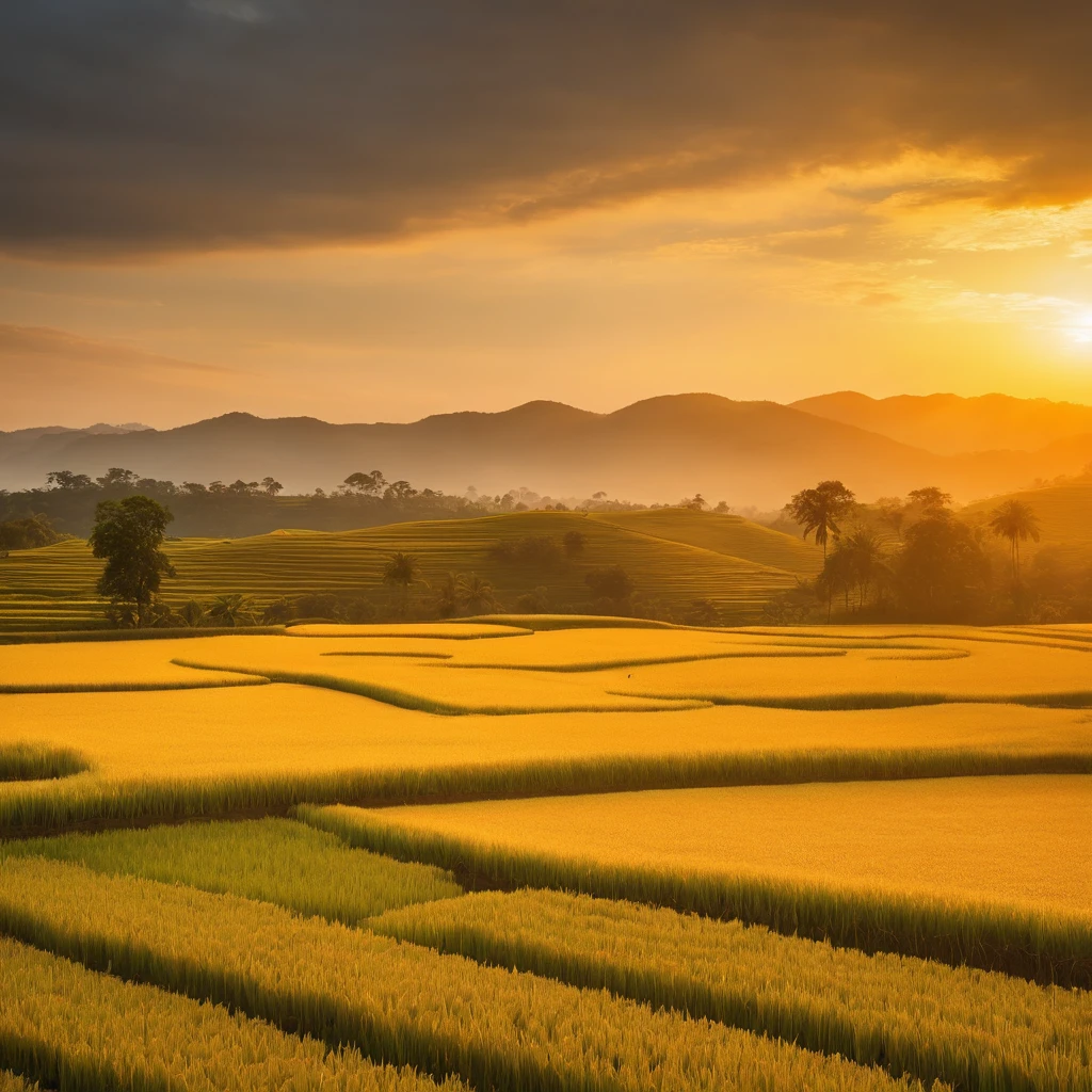 k hd,Golden rice paddies at sunset in autumn,Soft golden tones depict the horizon of the rice fields and the sky,Large scattered trees,IMAGE IN 2560X1440 PIXEL FORMAT