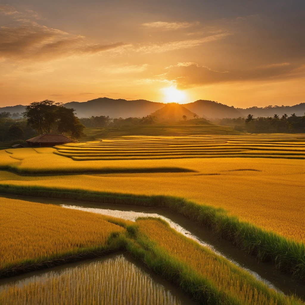 k hd，Golden rice paddies at sunset in autumn，Soft golden tones depict the horizon of the rice fields and the sky，Large scattered trees，IMAGE IN 2560X1440 PIXEL FORMAT