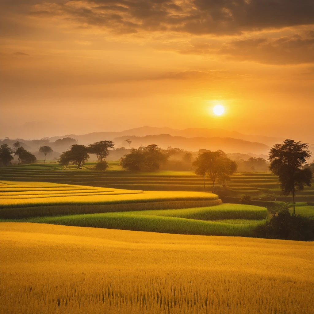 k hd,Golden rice paddies at sunset in autumn,Soft golden tones depict the horizon of the rice fields and the sky,Large scattered trees,IMAGE IN 2560X1440 PIXEL FORMAT
