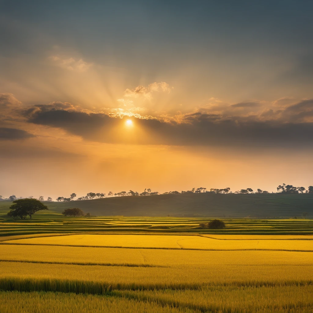 k hd，Golden rice paddies at sunset in autumn，Soft golden tones depict the horizon of the rice fields and the sky，Large scattered trees，IMAGE IN 2560X1440 PIXEL FORMAT