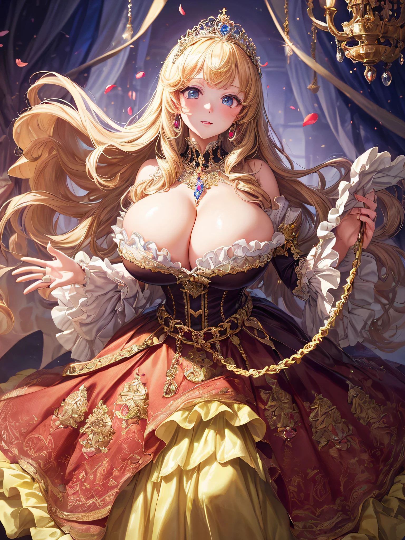 (masterpiece, best quality,extremely detailed:1.1),(moe anime art style:1.2),1girl,((full body,focus face)),((solo)), cute, kawaii,digital art,((1 gorgeous anime princess wearing beautiful embroidery and jeweled ruffled gorgeous princess rococo ballgown with voluminous full length hoop skirt)),((crinoline)),long train,voluminous frills,(gorgeous embroidery and beautiful lace),((very gigantic boobs,skindentation)),cleavage,shiny hair,(((very long hair,large amount of straight hair))),((finely detailed face and eyes)),clear pupil,extremely gorgeousfull hair ornament,(bling-bling jeweled extremely gorgeousfull tiara),(bling-bling gorgeous gemstone jewelry),long veil,beautiful background,fantasy background,flowers,flower petals flowing,full body,((beautiful embroidery and jeweled ruffled gorgeous princess rococo ballgown with voluminous full length hoop skirt))