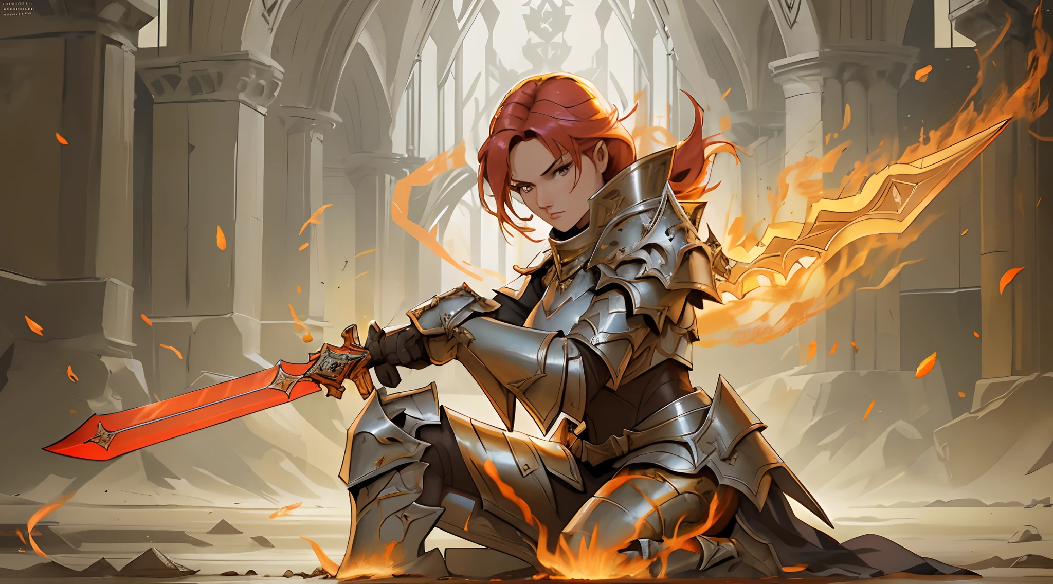 An armored paladin woman kneeling on one knee holding a flaming sword, abstract beauty, Centered, Looking at the camera, Facing the camera, nearing perfection, Dynamic, Highly detailed, smooth, Sharp focus, 8K, high definition resolution, illustration, adobe illustrator, Art by Ramil Sunga, Casper Konefal, Nick Thornborrow, and Matt Rhodes