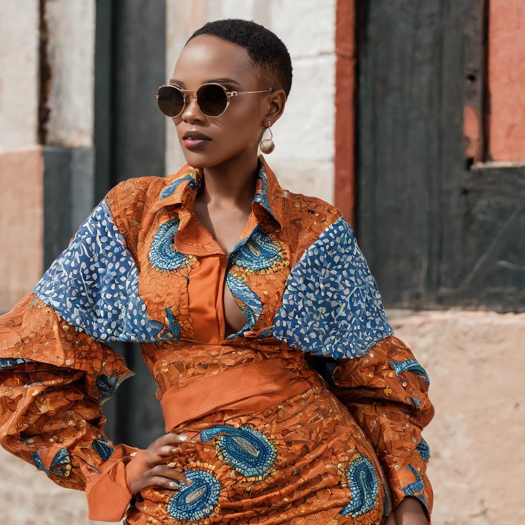 Candid photography, Blend traditional South African fashion elements with modern streetwear,ankara patterns creating a unique novel style that resonates with chubby Gen Z's eclectic style, breathtaking image, shot on canon Eos 50d