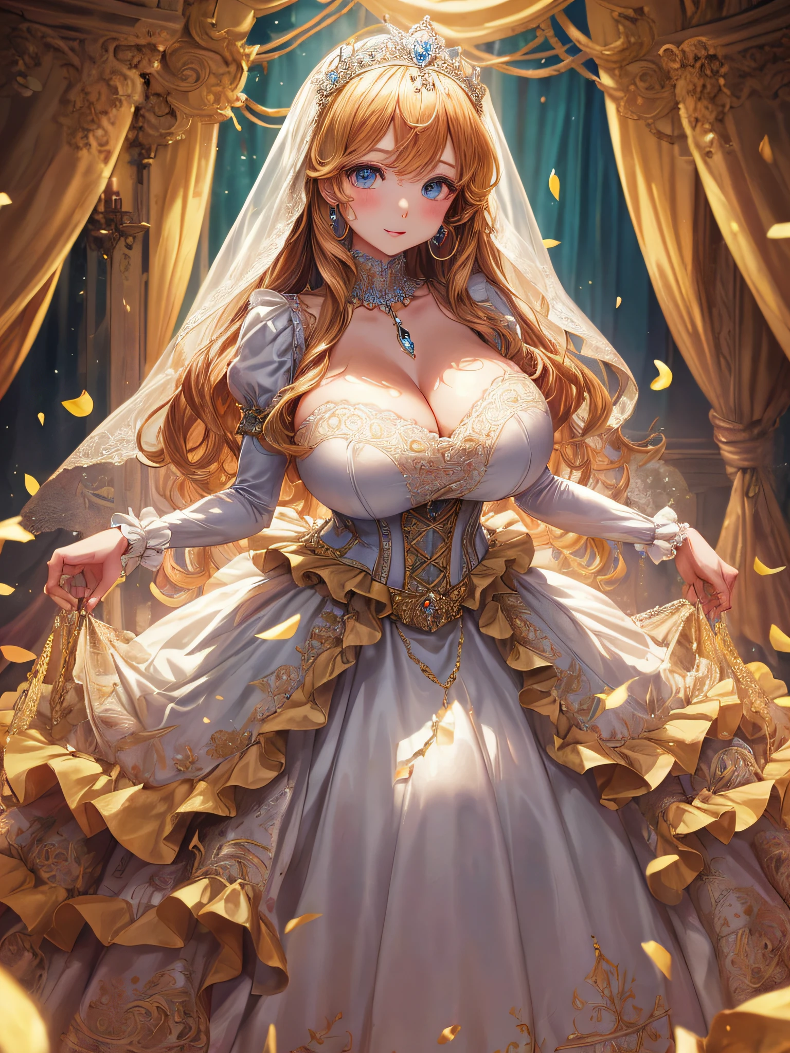 (masterpiece, best quality,extremely detailed:1.1),(moe anime art style:1.2),1girl,((full body,focus face)),((solo)), cute, kawaii,digital art,((1 gorgeous anime princess wearing beautiful embroidery and jeweled ruffled gorgeous princess rococo ballgown with voluminous full length hoop skirt)),((crinoline)),long train,voluminous frills,(gorgeous embroidery and beautiful lace),((very gigantic boobs,skindentation)),cleavage,shiny hair,(((very long hair,large amount of straight hair))),((finely detailed face and eyes)),clear pupil,extremely gorgeousfull hair ornament,(bling-bling jeweled extremely gorgeousfull tiara),(bling-bling gorgeous gemstone jewelry),long veil,beautiful background,fantasy background,flowers,flower petals flowing,full body,((beautiful embroidery and jeweled ruffled gorgeous princess rococo ballgown with voluminous full length hoop skirt))