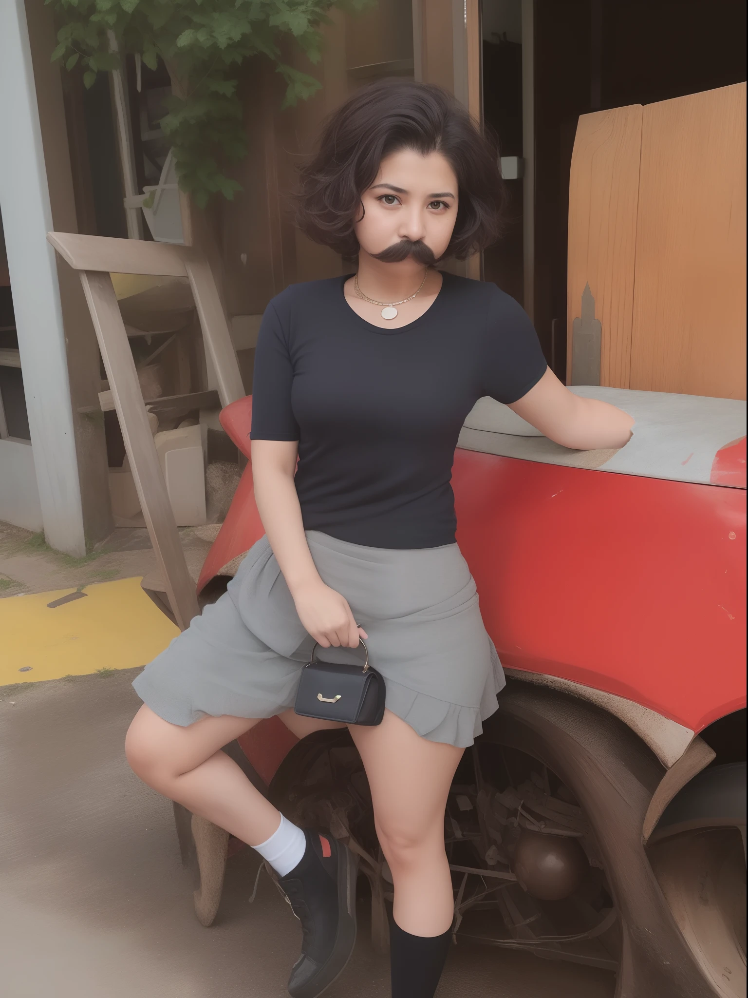 Hispanic woman with a mustache, very short poofy brown hair, small mustache, short skirt, flat chest