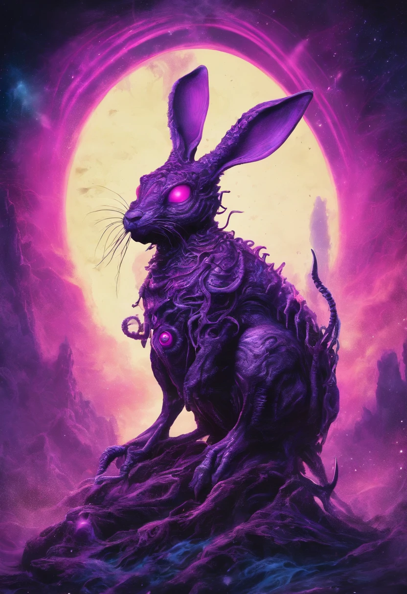 Rabbit with black and purple fur and magenta antlers, glowing eyes, night sky full of Eldritch horror and tentacles, best quality, masterpiece