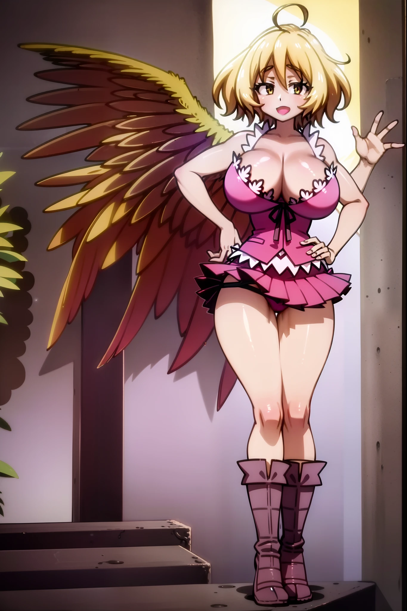 masterpiece, best quality, eldri, yellow wings, camisole, cleavage, pink panties, huge breasts, cowboy shot, waving, :D, hand to hip, looking at viewer, city, night, levitating, full body, pants,