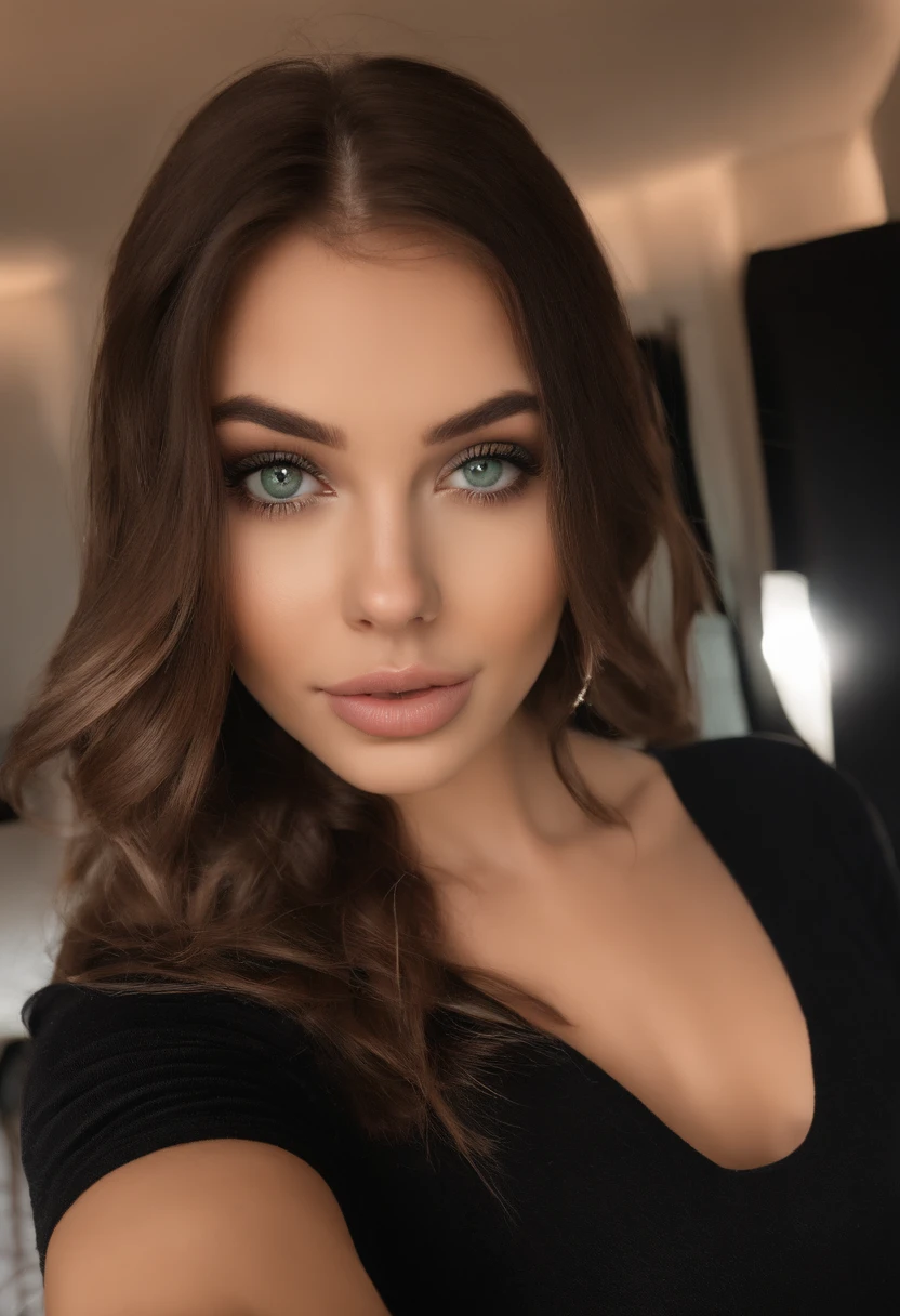 sexy girl with green eyes, portrait sophie mudd, brown hair and large eyes, selfie of a young woman, bedroom eyes, violet myers, without makeup, natural makeup, looking directly at the camera, face with artgram, subtle makeup, stunning full body shot, piercing green eyes, girl in suede boots and black dress in club