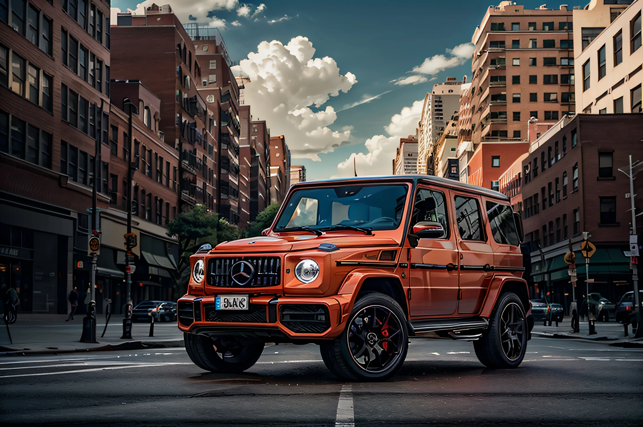 gwag63 red body, in new york city, wide-angle, masterpiece, award winning, parked on a road, buildings in background, natural lighting, cloudy skies, urban, sharp focus, smooth, intricate details, 8k wallpaper, trending on artstation