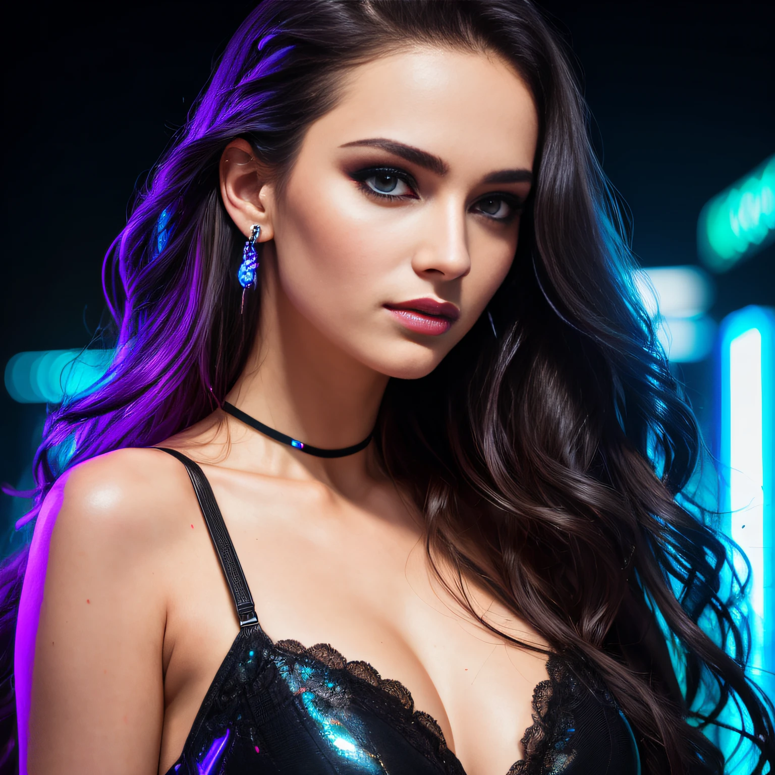 amoled ultra realistic photograph of a 25 years old european girl, RAW, beautiful woman, (extra long wavy black hair neon lighting effect), ((portrait)), ((detailed face:1.2)), ((detailed facial features)), (finely detailed skin), pale skin, (high detailed deep cleavage cyberpunk steel dress), black dark background, (cold colors), damp, moist, reflections, (masterpiece) (perfect proportion)(realistic photo),(best quality), (detailed), (amoled neon lighting), (sharp focus) (intricate)