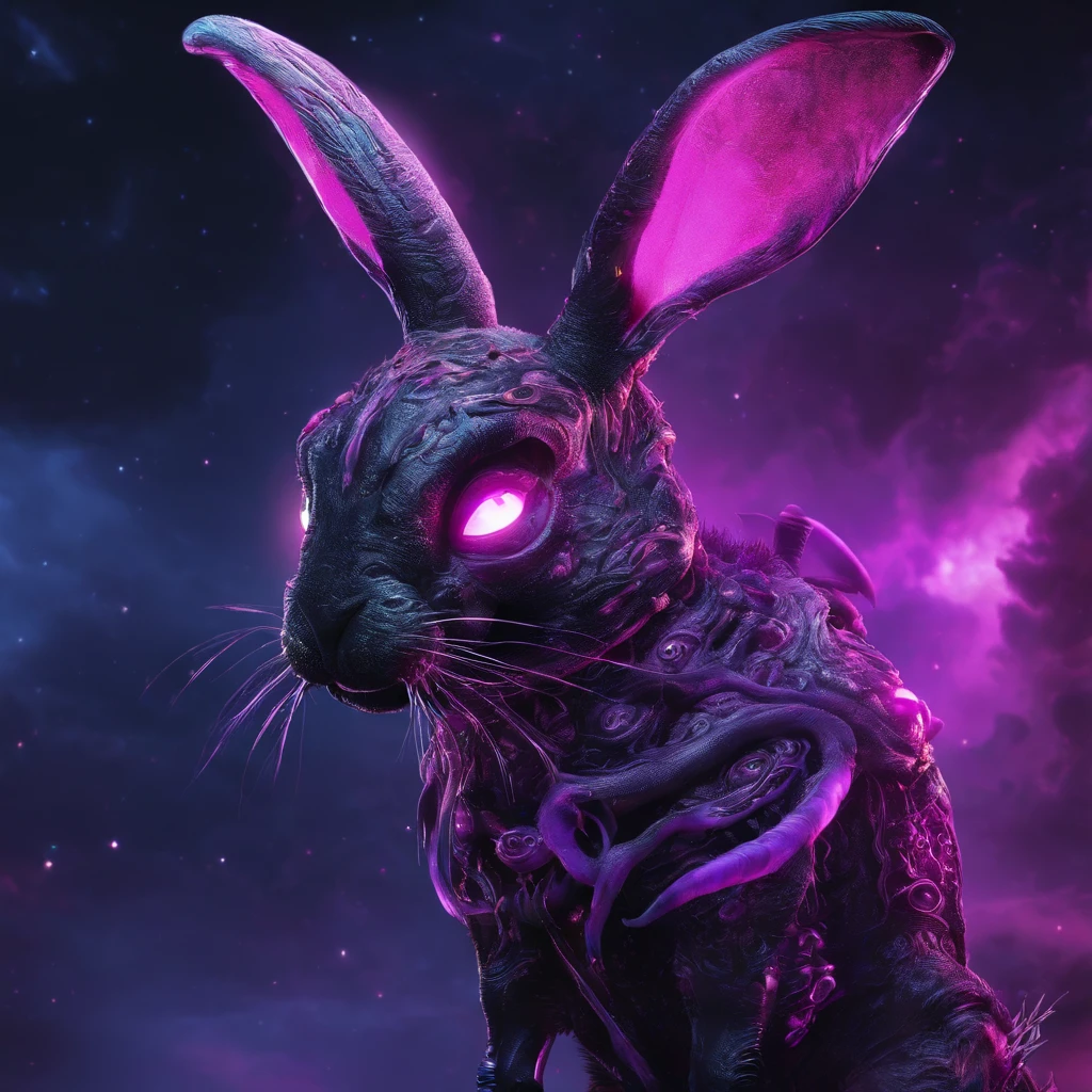 Rabbit with black and purple fur and magenta antlers, glowing eyes, night sky full of Eldritch horror and tentacles, best quality, masterpiece