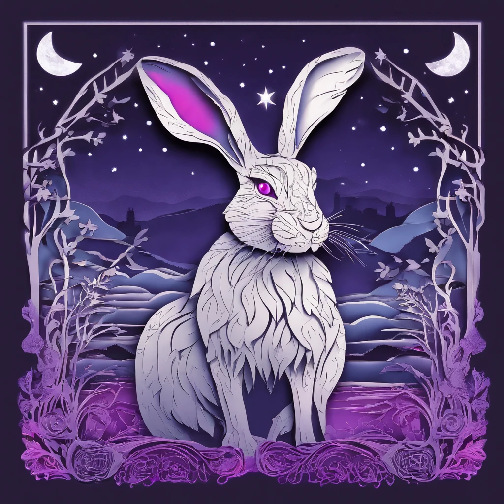 Rabbit with black and purple fur and magenta antlers, glowing eyes, night sky full of Eldritch horror and tentacles, best quality, masterpiece