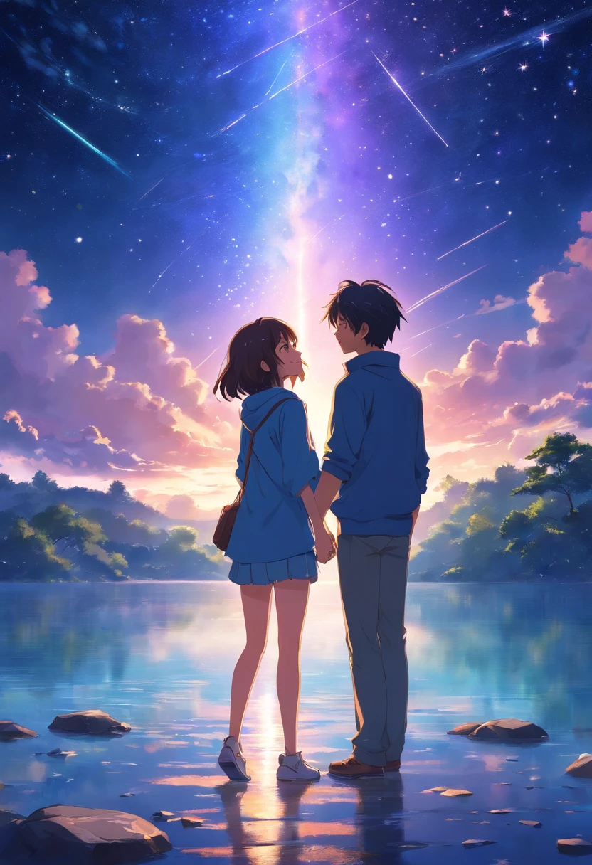 A couple in their twenties, hugging，The entire galactic starry sky，Magnificent,Twinkling starlight，Boundless，Fantastic sights，meteor shower