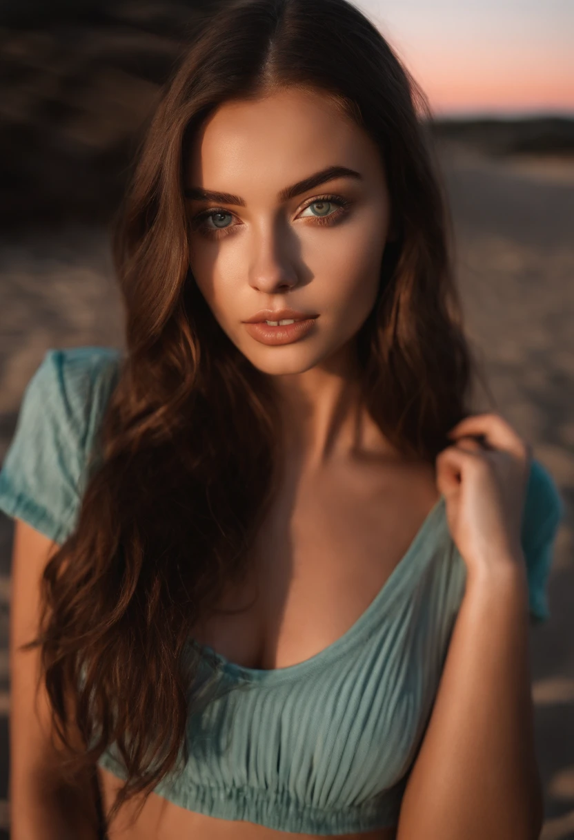 sexy girl with green eyes, portrait sophie mudd, brown hair and large eyes, selfie of a young woman, bedroom eyes, violet myers, without makeup, natural makeup, looking directly at the camera, face with artgram, subtle makeup, stunning full body shot, piercing green eyes, girl in bikini on the beach