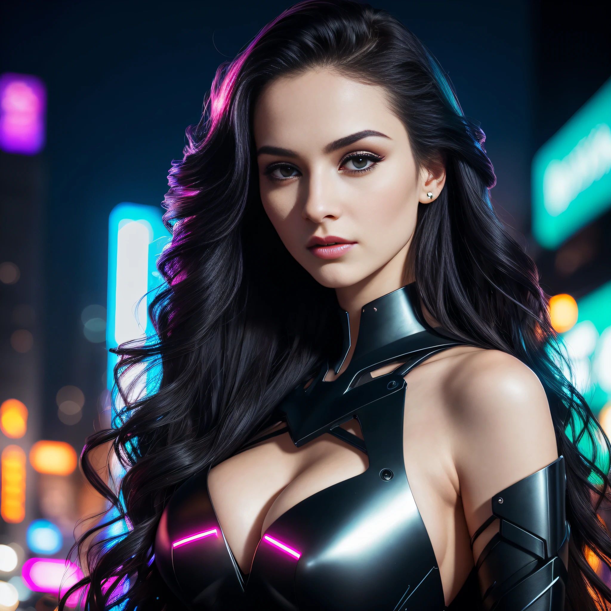 amoled ultra realistic photograph of a 25 years old european girl, RAW, beautiful woman, (extra long wavy black hair), ((portrait)), ((detailed face:1.2)), ((detailed facial features)), (finely detailed skin), pale skin, (high detailed deep cleavage cyberpunk steel dress), black background, (cold colors), damp, moist, reflections, (masterpiece) (perfect proportion)(realistic photo),(best quality), (detailed), (amoled neon lighting), (sharp focus) (intricate)