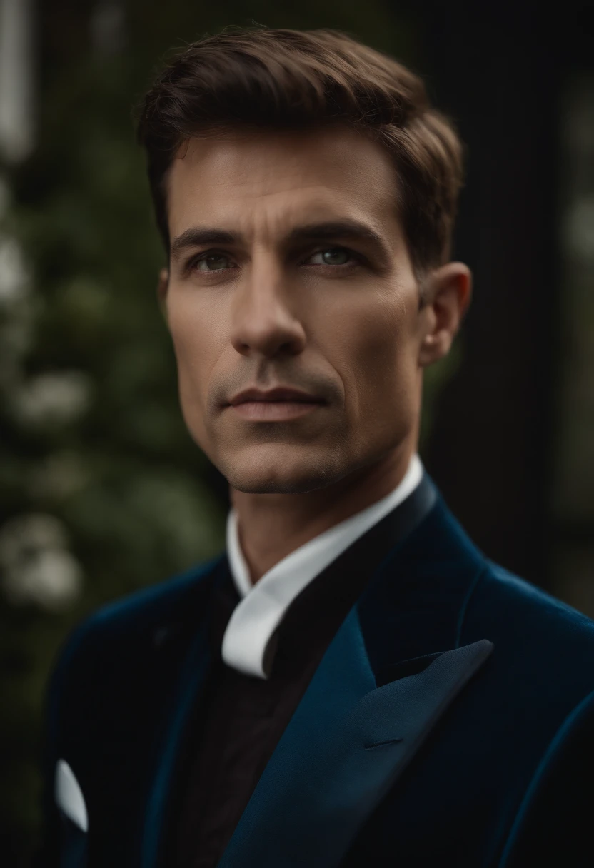 corps entier, wide-angle photo close-up portrait of the body of a handsome man , Grand et en forme, (40 ans:1.1), (shaven:1.2) , (very short brown hair:1.5),(very short hair:1.6). (Tight suit in dark blue velvet:1.3). (posing outside the mansion with a luxury car:1.1),Cold and dark sunset at dusk, (Edge Light:1.1),(Concentrez-vous sur les yeux), (Regard fier), (hard light on the skin:1.2), (ombres dures, dark themed, Contraste profond:1.1), (photographie de portrait par Annie Liebovitz), Dark mint theme and choral aesthetics, (skin imperfections)
