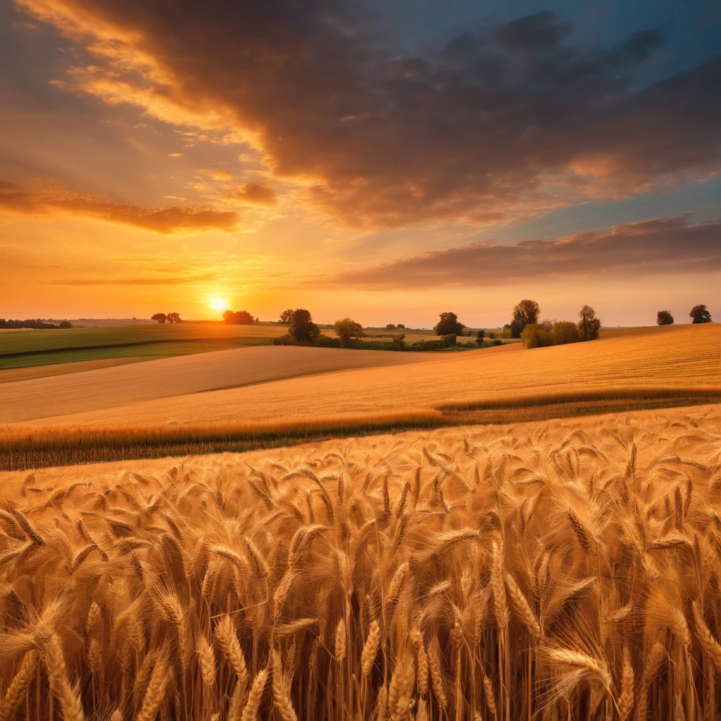 k hd，Golden wheat fields at sunset in autumn，Pastel golden tones depict the horizon of the wheat fields and the sky，IMAGE IN 2560X1440 PIXEL FORMAT