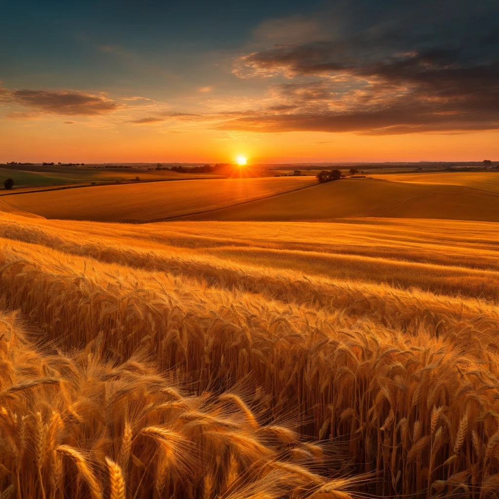 k hd,Golden wheat fields at sunset in autumn,Pastel golden tones depict the horizon of the wheat fields and the sky,IMAGE IN 2560X1440 PIXEL FORMAT