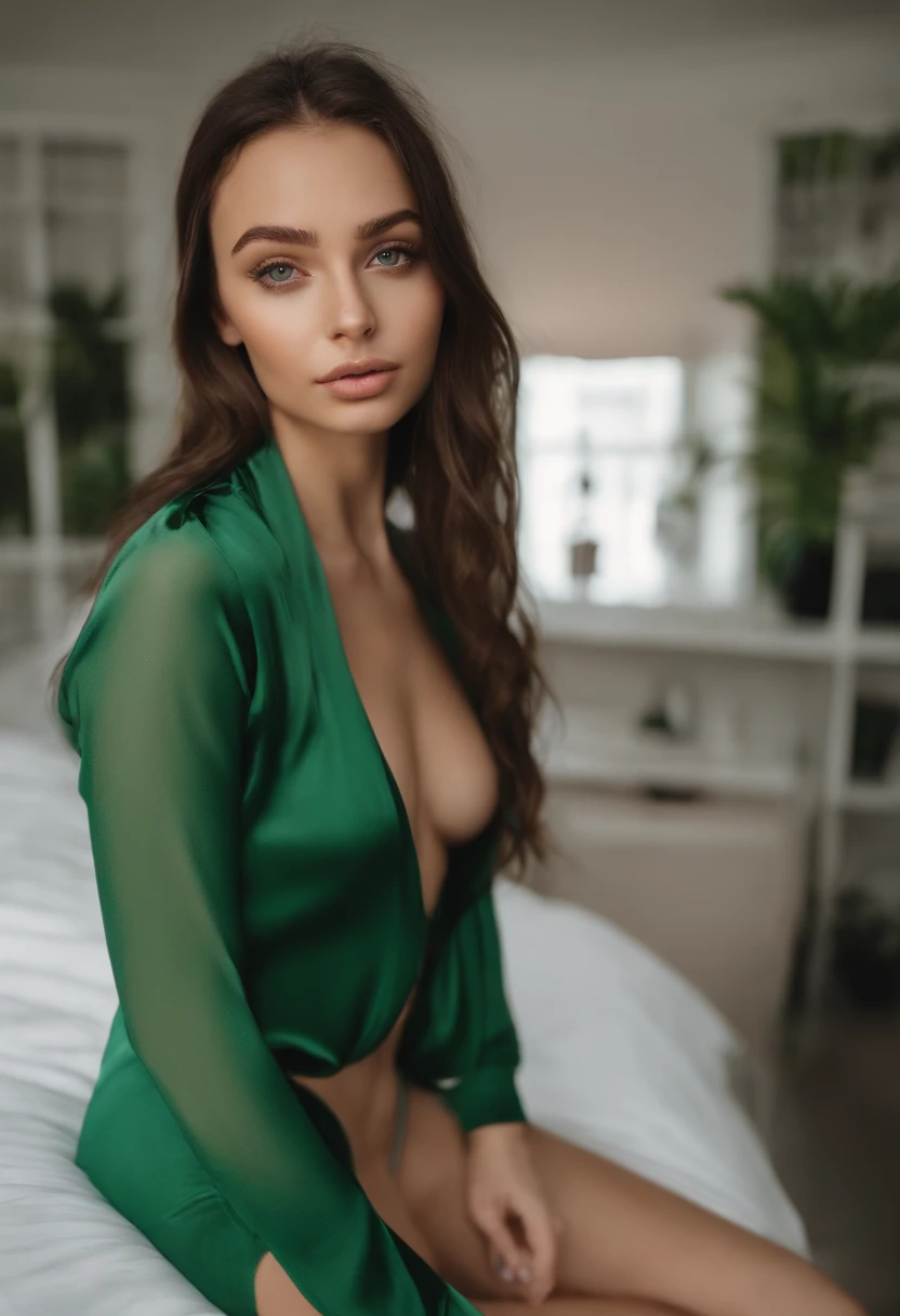 sexy girl with green eyes, portrait sophie mudd, brown hair and large eyes, selfie of a young woman, bedroom eyes, violet myers, without makeup, natural makeup, looking directly at the camera, face with artgram, subtle makeup, stunning full body shot, full body, piercing green eyes, girl in bikini full body on the beach