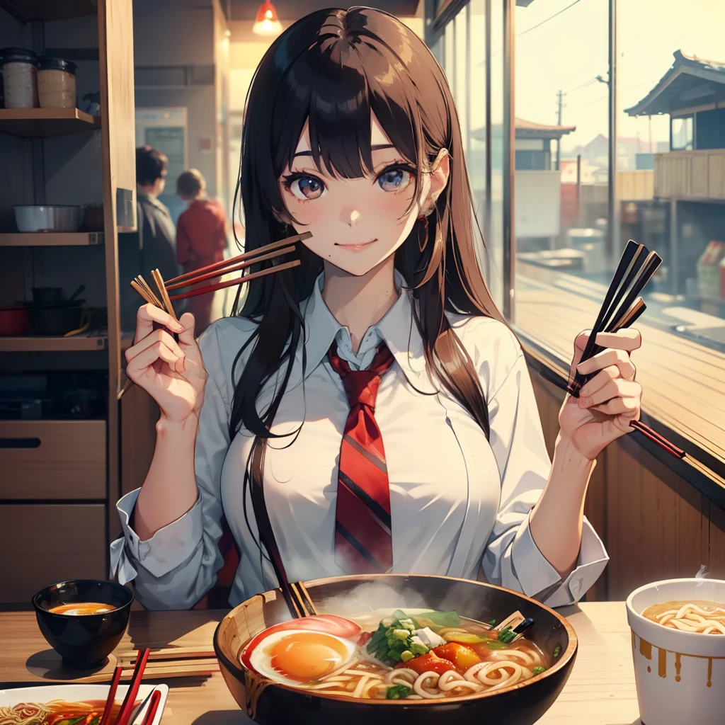 1 beauty, Female college student, Watery Big Eyes,large full breasts, blazer and tie, (Happy smile),long eyelasher, Blushlush,Black Perm Hair, At the counter seat of a special ramen shop,A cup of ramen noodles,Perfect chopsticks,(Perfect chopstick grip:1.2), (Skillfully holding chopsticks with right hand:1.4),Beautiful noodles,(Bring the noodles picked up with chopsticks to your mouth.),((Eat noodles deliciously)),(Eat cleanly), Hang your bangs over your ears with your left hand,Face shot,zoomed