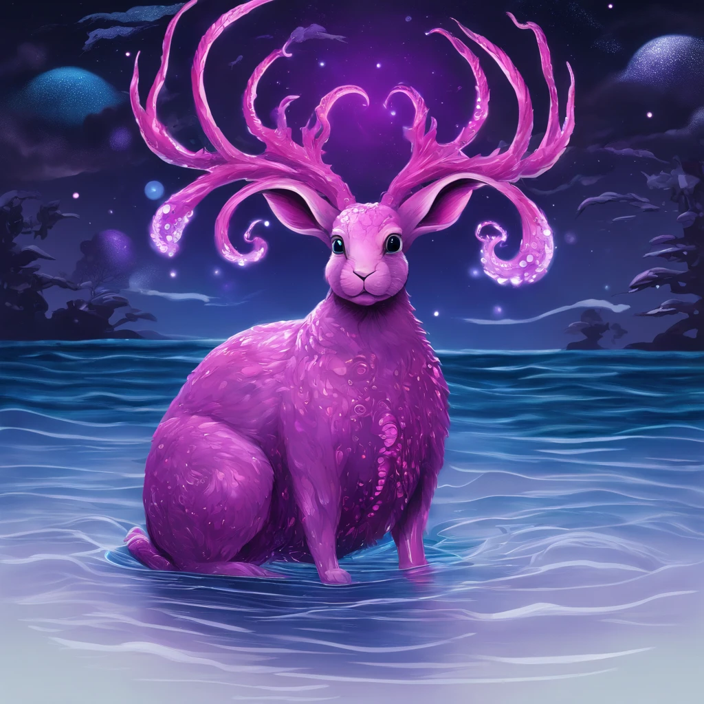 Rabbit with black and purple fur and magenta antlers, glowing eyes, night sky full of Eldritch horror and tentacles, best quality, masterpiece