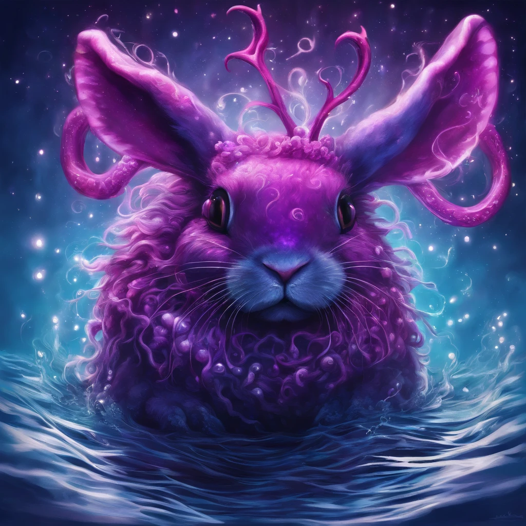 Rabbit with black and purple fur and magenta antlers, glowing eyes, night sky full of Eldritch horror and tentacles, best quality, masterpiece