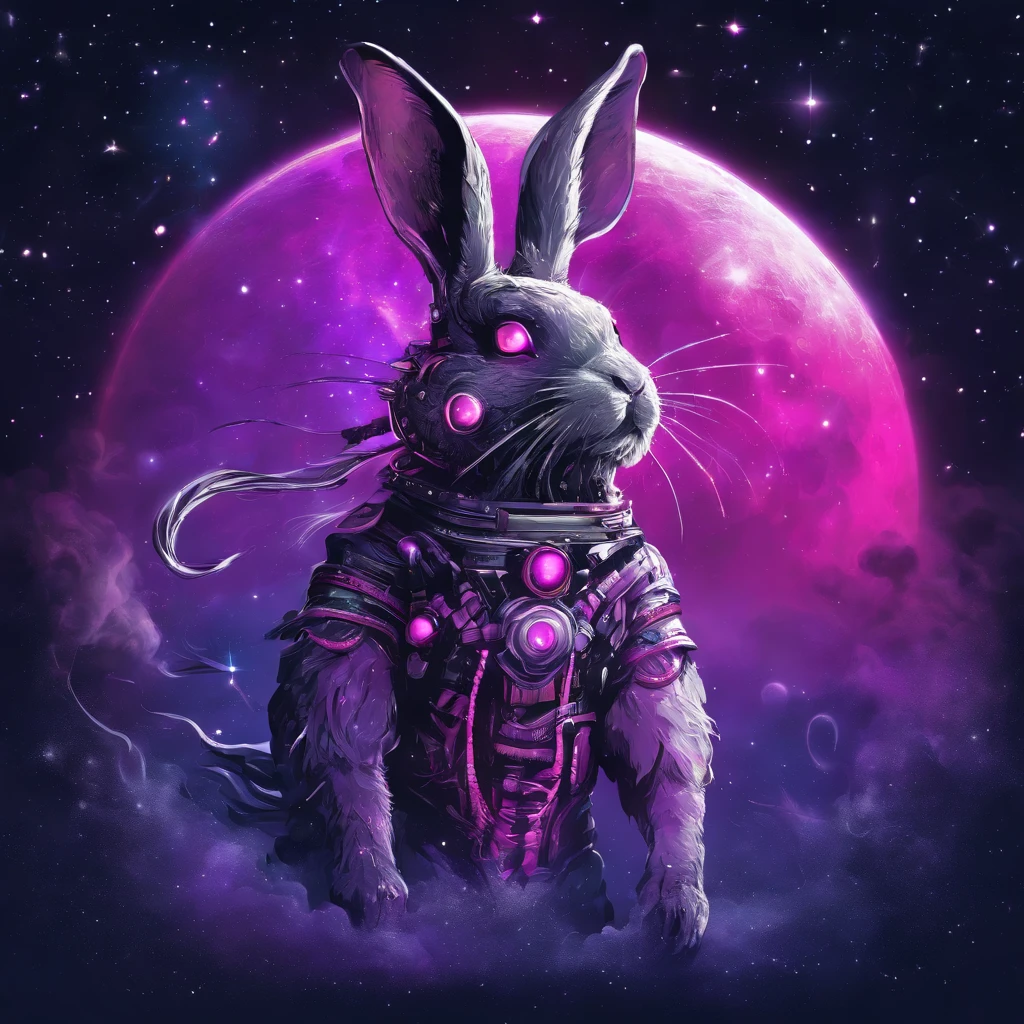 Rabbit with black and purple fur and magenta antlers, glowing eyes, night sky full of Eldritch horror and tentacles, best quality, masterpiece