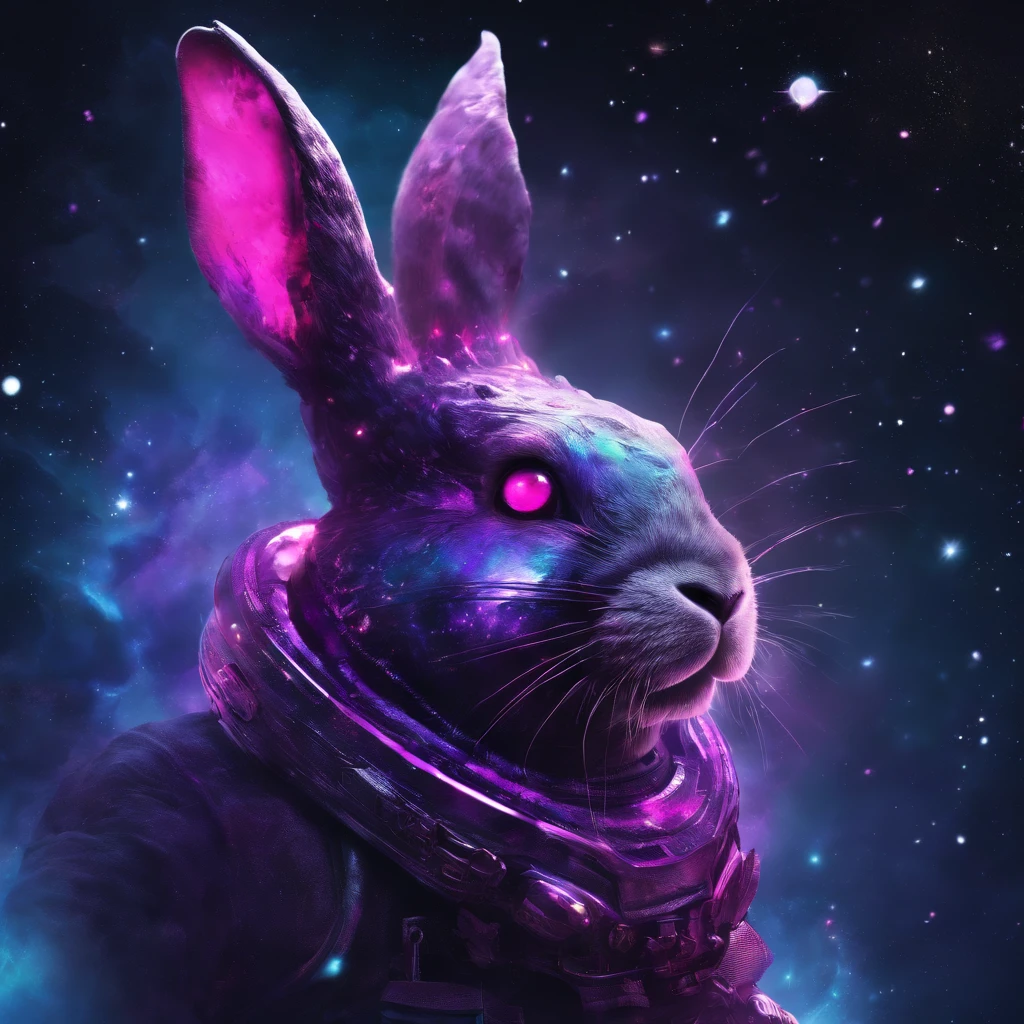 Rabbit with black and purple fur and magenta antlers, glowing eyes, night sky full of Eldritch horror and tentacles, best quality, masterpiece