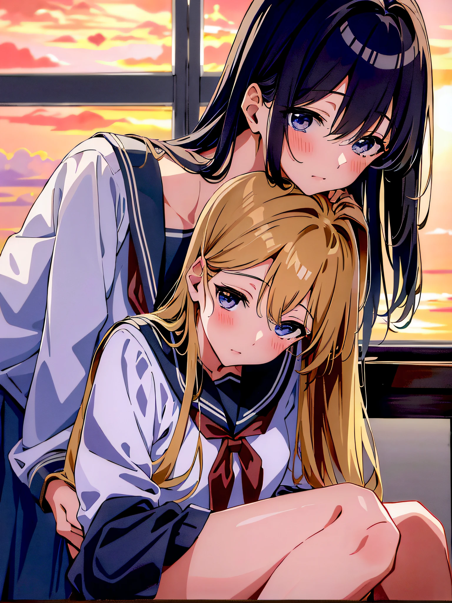(best quality masterpiece:1.2) 8k (detailed shoujo manga style:1.4) 2girls, beautiful, absurdres, school uniform, yuri, serafuku, eye contact, school window sunset lighting