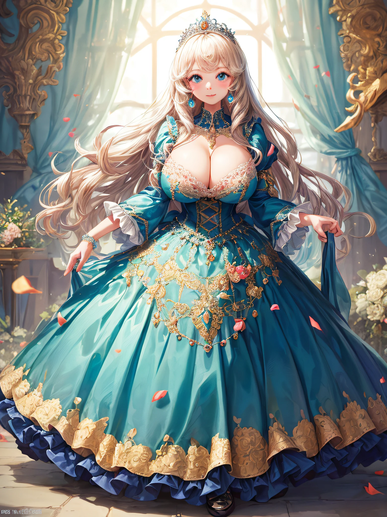 (masterpiece, best quality,extremely detailed:1.1),(moe anime art style:1.2),1girl,((full body,focus face)),((solo)), cute, kawaii,digital art,((1 gorgeous anime princess wearing beautiful embroidery and jeweled ruffled gorgeous princess rococo ballgown with voluminous full length hoop skirt)),((crinoline)),long train,voluminous frills,(gorgeous embroidery and beautiful lace),((very gigantic boobs,skindentation)),cleavage,shiny hair,(((very long hair,large amount of straight hair))),((finely detailed face and eyes)),clear pupil,extremely gorgeousfull hair ornament,(bling-bling jeweled extremely gorgeousfull tiara),(bling-bling gorgeous gemstone jewelry),long veil,beautiful background,fantasy background,flowers,flower petals flowing,full body,((beautiful embroidery and jeweled ruffled gorgeous princess rococo ballgown with voluminous full length hoop skirt))