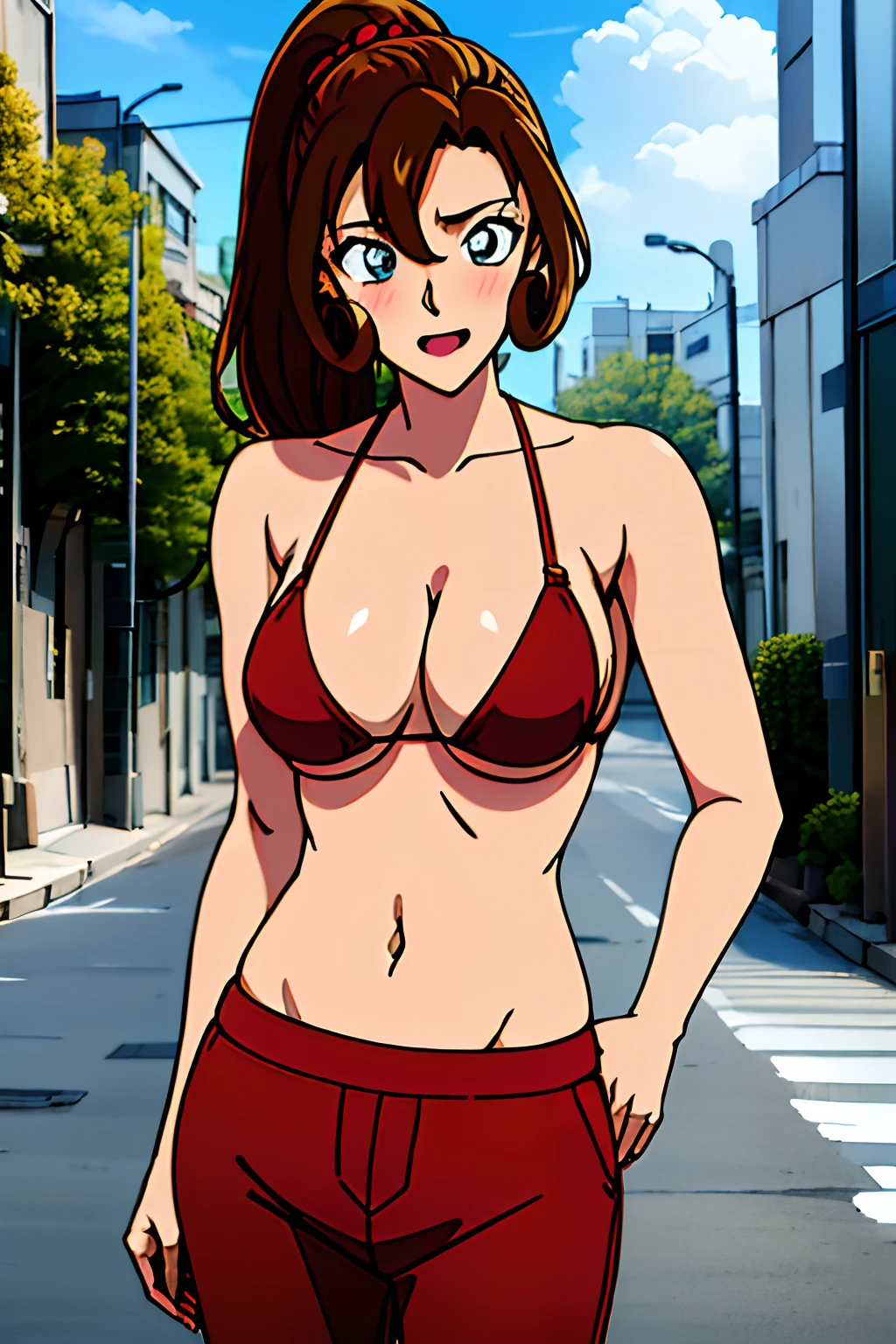 ((masterpiece)),((best quality)),ultra-detailed,illustration,1girl, solo, brown hair, high ponytail, flower, pants, midriff, crop top, looking at viewer, brown eyes, outdoors, navel, (medium breasts), bikini top, open mouth, bare shoulders, grey eyes, cloud, bangs, ,Beautiful body, Beautiful Nose, Beautiful character design, perfect eyes, perfect face, alluring, wallpaper, perfect lighting, vibrant colors, ultra highres, 4K, photography, (beautiful face:1.2), (narrow waist), shiny skin, anime screencap, meitantei conan, standing, ((milf)), 27 years old, high brightness