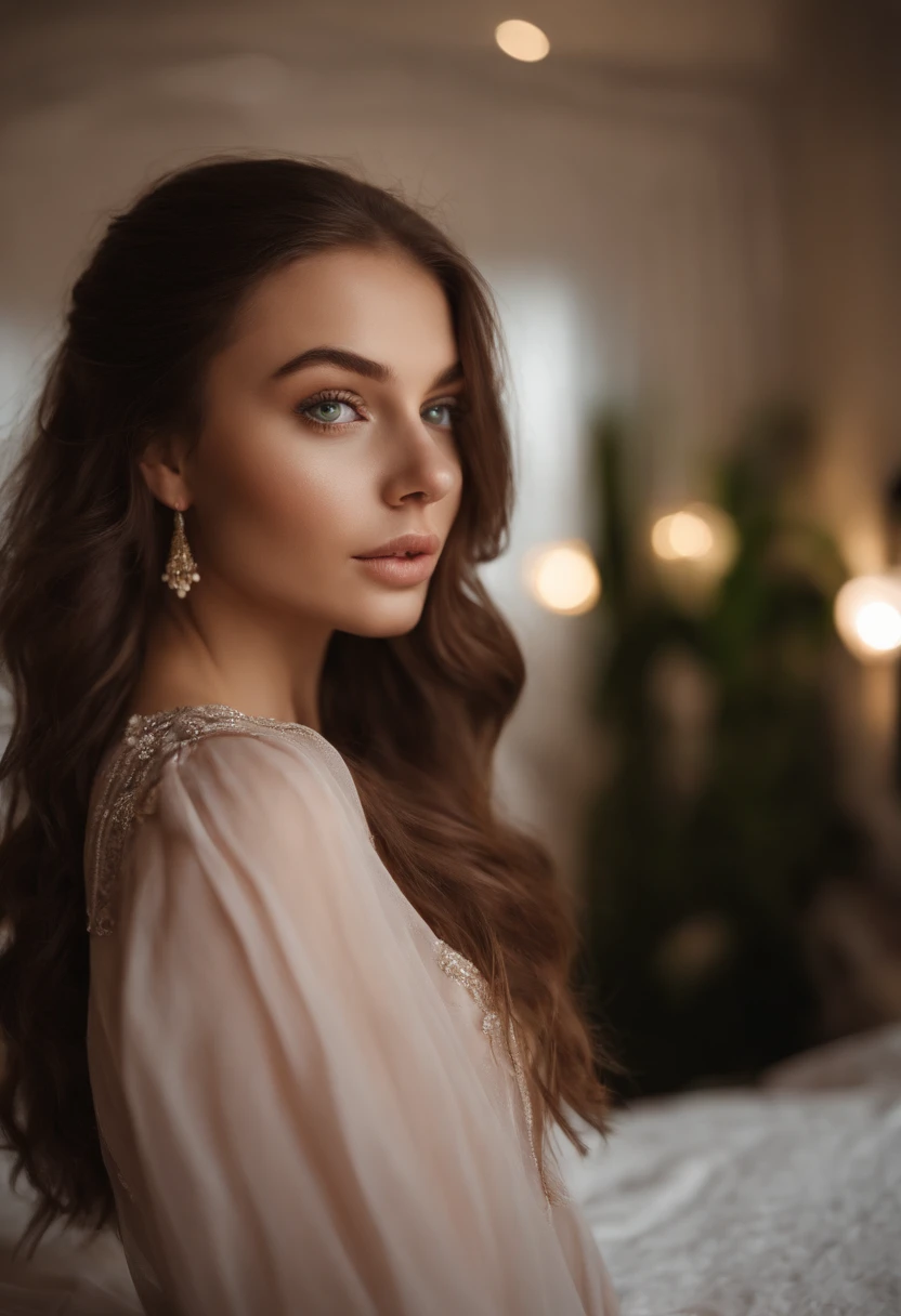 sexy girl with green eyes, portrait sophie mudd, brown hair and large eyes, selfie of a young woman, bedroom eyes, violet myers, without makeup, natural makeup, looking directly at the camera, face with artgram, subtle makeup, stunning full body shot, full body, piercing green eyes, girl white long dress on night street