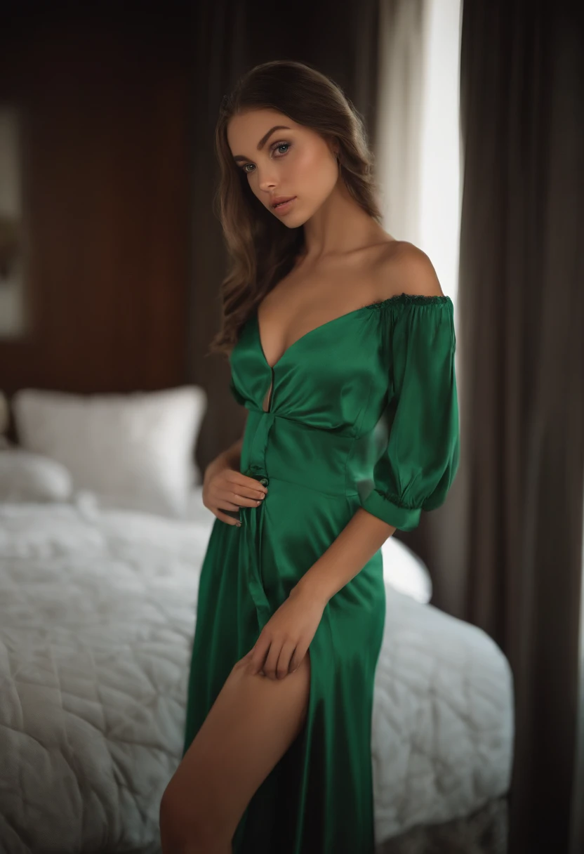 sexy girl with green eyes, portrait sophie mudd, brown hair and large eyes, selfie of a young woman, bedroom eyes, violet myers, without makeup, natural makeup, looking directly at the camera, face with artgram, subtle makeup, stunning full body shot, full body, piercing green eyes, girl white long dress on night street