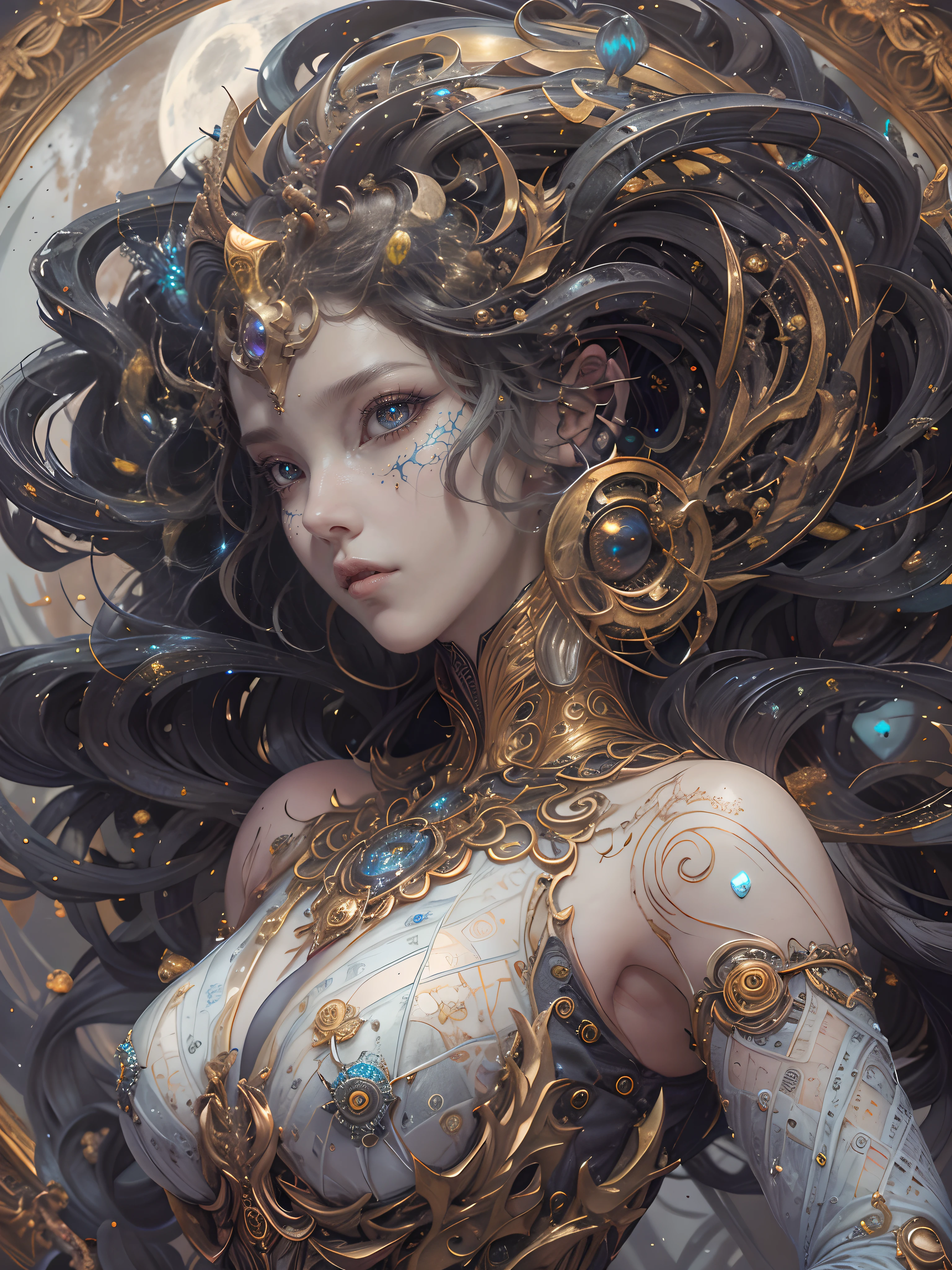 (best qualtiy,ultra - detailed,Most Best Illustration,Best shadow,tmasterpiece,A high resolution,professionalartwork,famousartwork),Detailed eyes,beautidful eyes,closeup cleavage,sci-fy,colored sclera,Robot eyes,face markings,Tattooed with,(fractalized,Fractal eyes),largeeyes,Wide eyes,(Eye focus),sface focus,Cosmic eyes,Space eyes,Close-up of metal sculpture of a woman with a moon in her hair,goddes。extremly high detail,3 d goddess portrait,Extremely detailed footage of the goddess,a stunning portrait of a goddess,Side portrait of the goddess,portrait of a beautiful goddess,Full body close-up portrait of the goddess,hecate goddess,portrait of a norse moon goddess,goddess of space and time