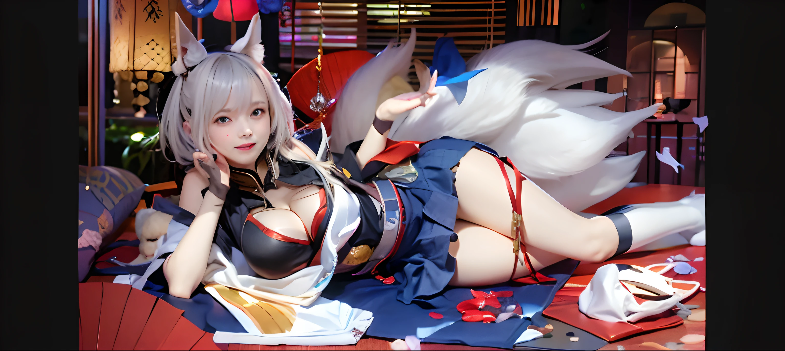 top-quality、masterpiece、超A high resolution、(Photorealsitic:1.4)、Raw foto、1 girl in、((white hair))、full body Esbian、large full breasts、Ultra exposed cleavage、erotick、Erotic look、gargantilha、二重まぶた、Loose and fluffy perm、semi long hair、Pleated skirt with slit、Staring at us with your whole body、Close up of black and white kimono and white flowers, sōsaku hanga, hakama kimono, Anime Cosplay, Onmyoji, Komono,, high quality costume, intricate hakama, flowing magic robe, bath robe, Kimono, japanese kimono、((age Korean schoolgirl))、((Korean Female Idols))++、