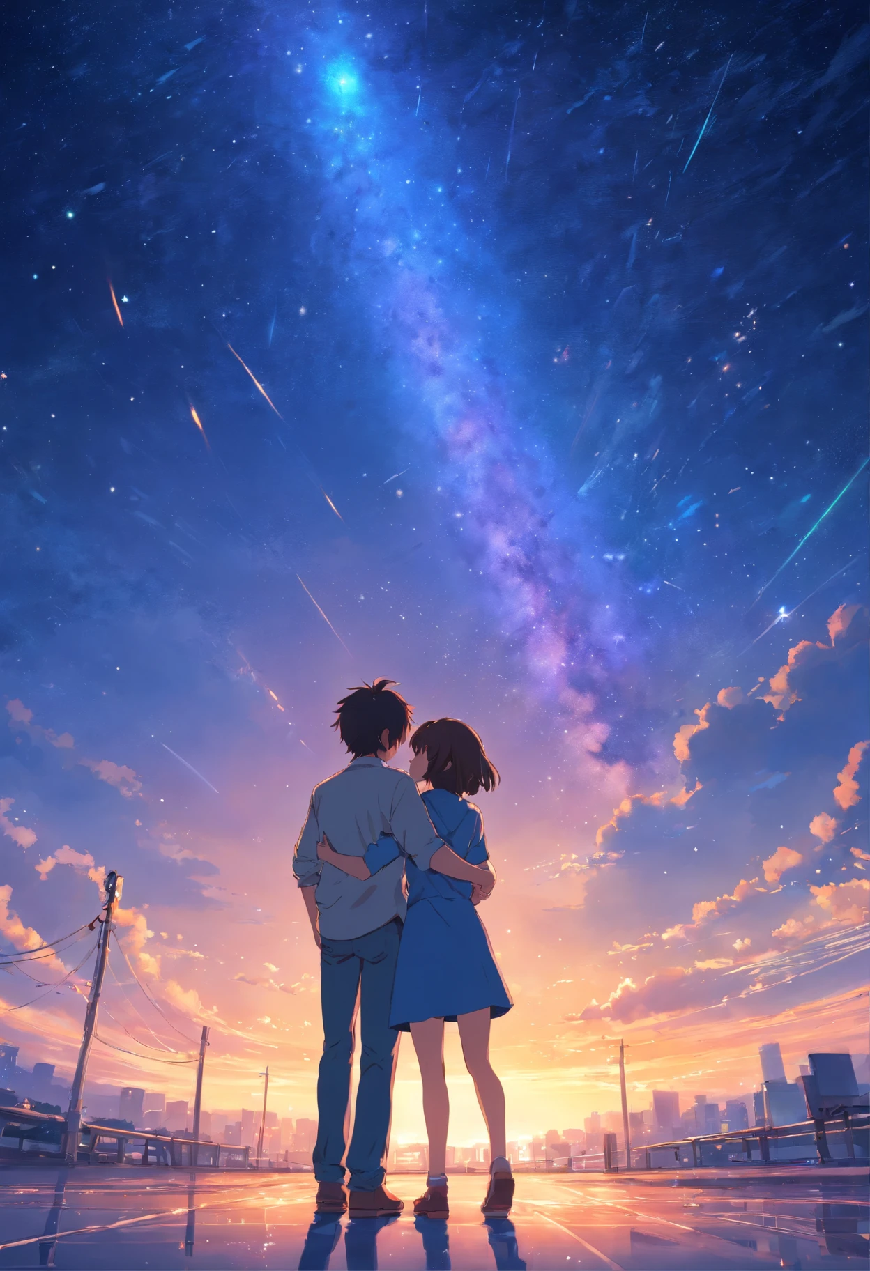 A couple in their twenties, hugging,The entire galactic starry sky,Magnificent,Twinkling starlight,Boundless,Fantastic sights,meteor shower