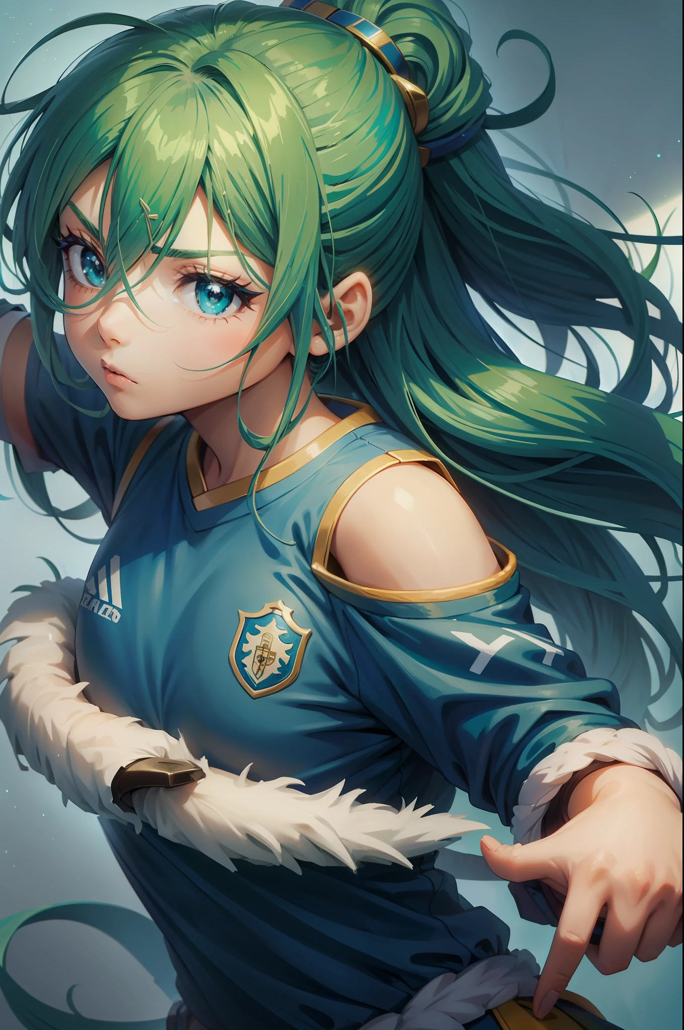 menina anime , cabelo verde azul, uniforme de futebol, estilo agressivo