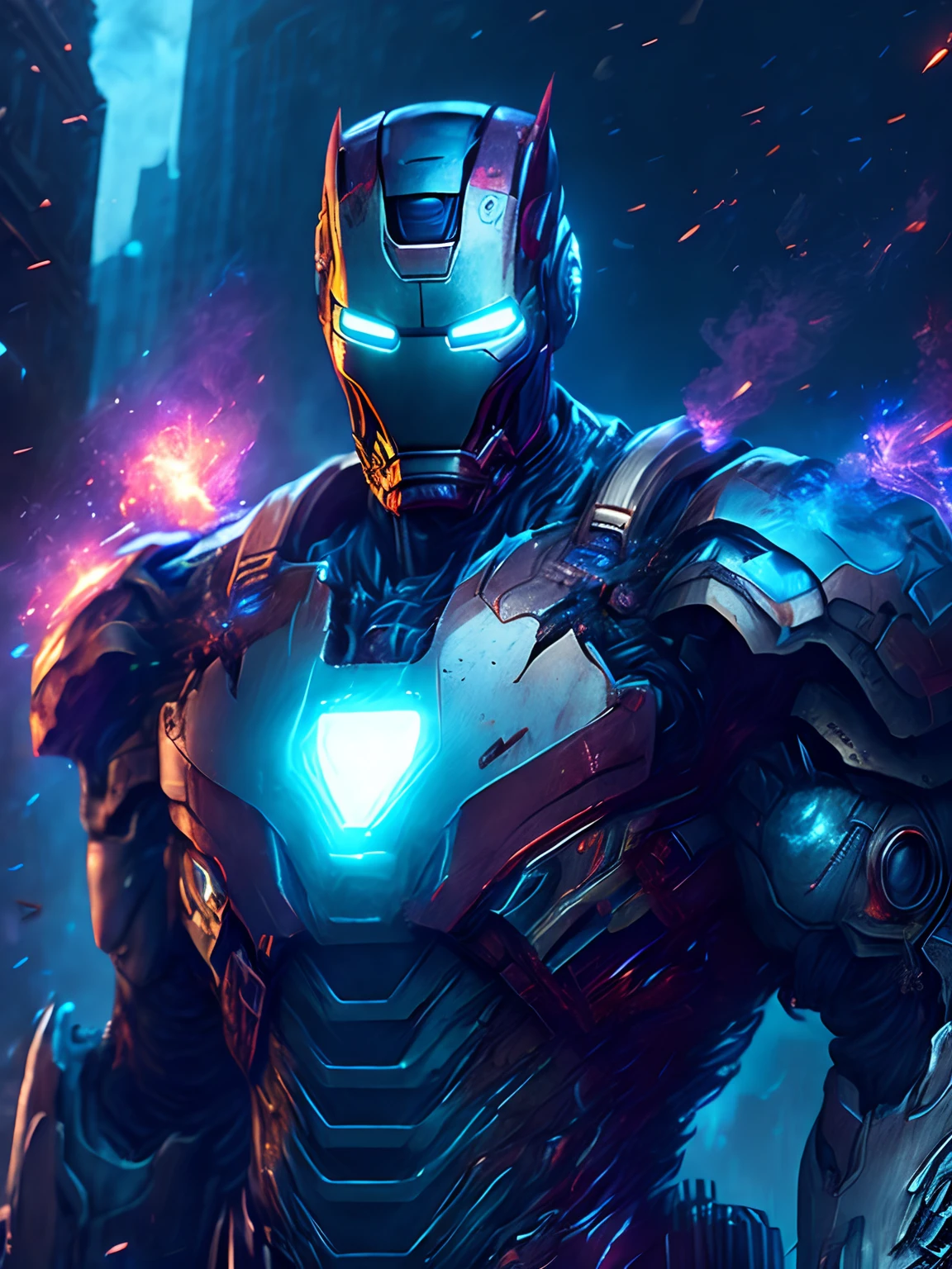 gloomy portrait of Zombie Iron Man from Marvel, extremely detailed, futuristic cityscape, nighttime, glowing neon lights, smoke, sparks, metal shavings, flying debris, blue energy effects, volumetric light