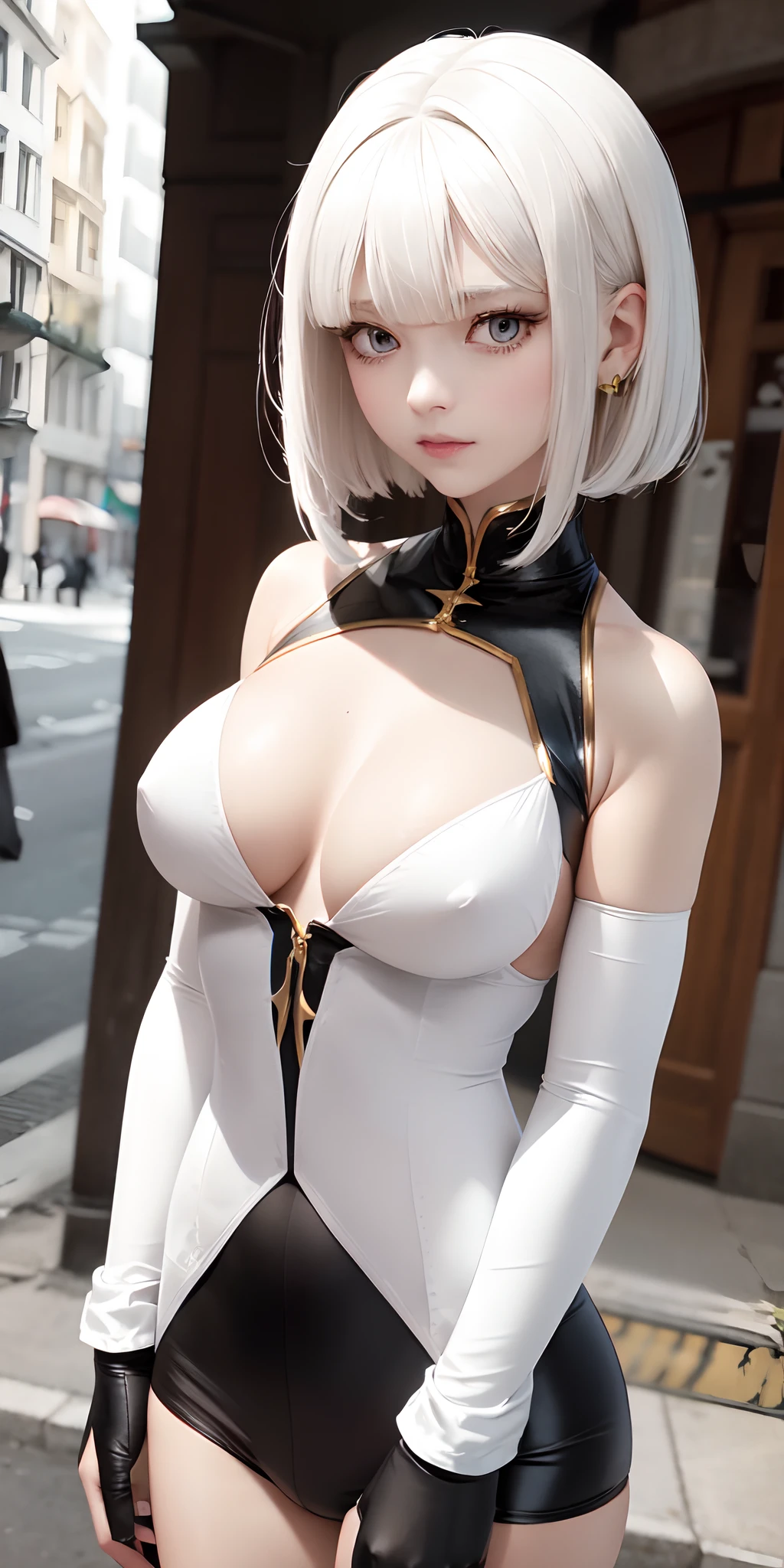 best qulaity, Meisterwerk, white hair, goldene Augen, White Clothes, nach oben schauen, upper body, Strand, helle Haut,Gerader Bobcut,mid large breasts, ,teenager