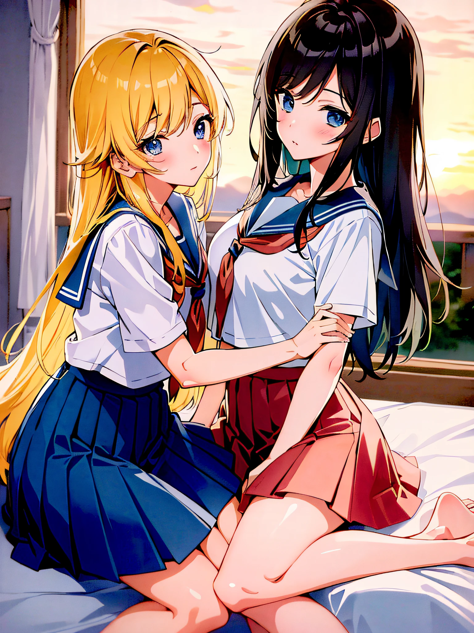{masterpiece:2}, best quality, high quality, best quality, ultra high res, real picture, intricate details, beautiful detailed, finely detailed, perfect anatomy, detailed shoujo manga style, (best quality masterpiece:1), 2girls, beautiful, yuri, lesbian, lesbian sex, naked, nude, {{{dark blue black hair, curly long hair, cool smile, blue eyes}}}, {{{deep yellow blond, long striaght yellow hair, pretty smile, yellow eye}}}