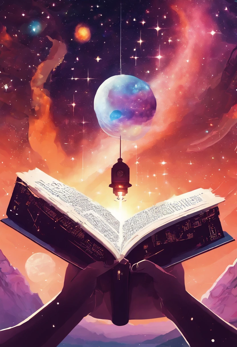 Two hands holding an open book, out of the book came out a planet shaped like a lamp, city background with people, blurred background, realistic image