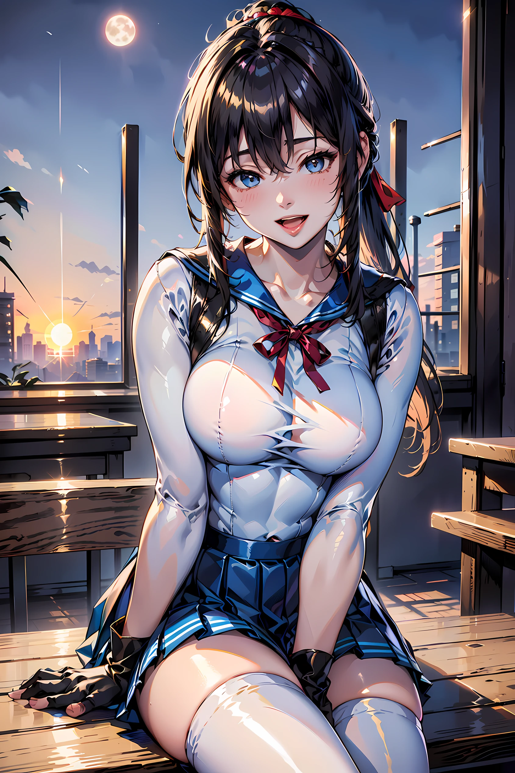 (1girl:1.3, solo), (magical girl:1.3), (upper body:1.3), (classroom:1.3,sitting on the table:1.3, under Full-Moon:1.5), (leaning forward:1.3, hands between legs:1.3), BREAK, 1girl, solo, milf, European girl, hot model, (attractive model:1.37), (promotional model:1.2), highly detailed eyes and pupils, realistic skin, ((attractive body, medium breasts:1.38, disproportionate breasts:1.38, sagging breats:1.38, thin waist:1.15)), medium-length thin hair, ((pony-tail hair style:1.3), (shiny-black hair:1.3), extremely detailed hair, delicate sexy face, sensual gaze, shiny lips, BREAK, (school girl uniform:1.3), (white leotard:1.3), (magical girl costume:1.2), (blue Sailor collar:1.3), (red ribbon:1.4), (blue pleated skirt:1.3), (micro-skirt:1.3), (no_sleeve:1.2), (long_glove:1.2), (white thighhighs:1.2), (long_boots:1.2), detailed clothes, BREAK, (blurry background:1.25, simple background, no-human background, detailed background), (under sunset:1.37), BREAK, (attractive posing), ((realistic, super realistic, realism, realistic detail)), perfect anatomy, perfect proportion, hyper sharp image, (attractive emotion, seductive smile:1.2, happy:1.2, blush:1.2, :d:1.2, :p:1.2), 4fingers and thumb, perfect human hands, wind, BREAK, (Masterpiece, best quality, photorealistic, highres, photography, :1.3), ultra-detailed, sharp focus, professional photo, commercial photo,