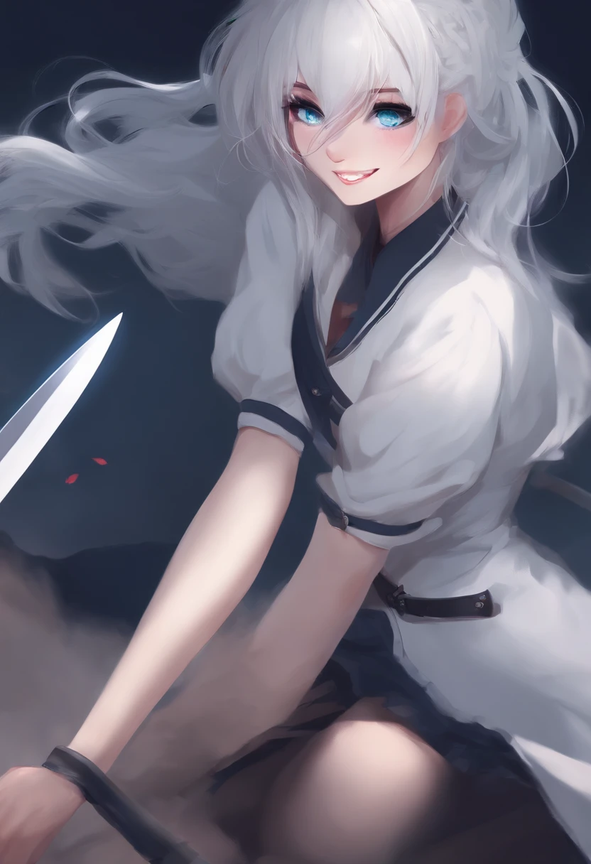 White hair yandere girl blue eyes holding knife scary smile