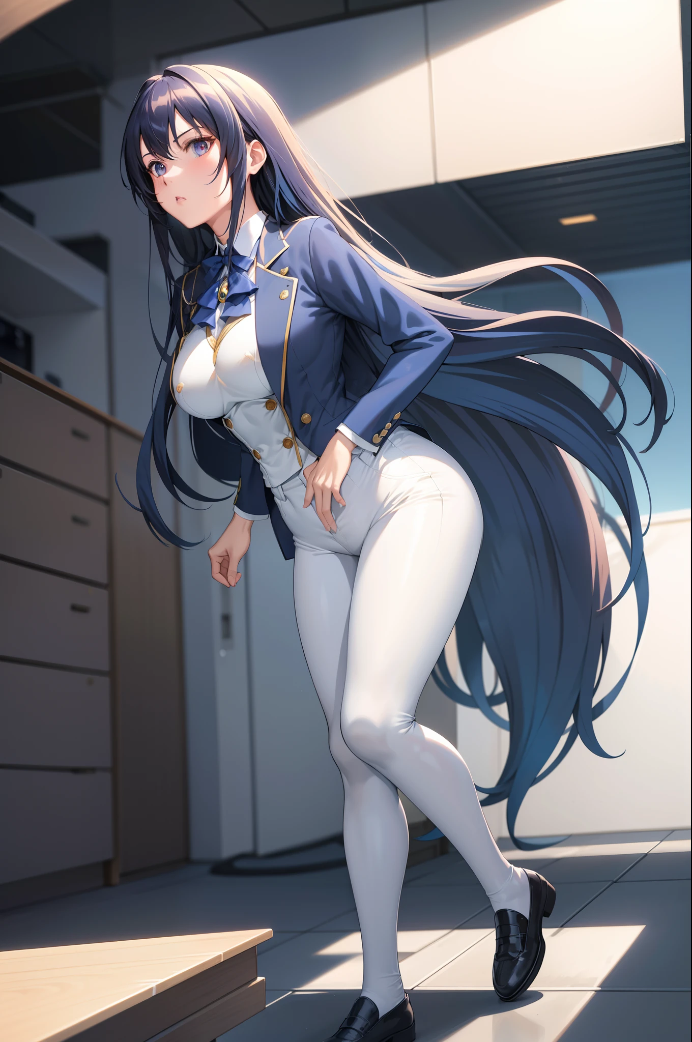 Best Quality,highres,da,long hair ,white pants ,long hair,1girl, Utaha, Butler tail coat ,blue hair, eyes blue,Tail coat,striped,tight pants ,black shirt ,school,boobs, blue, looking at the scenes,Badass Butler